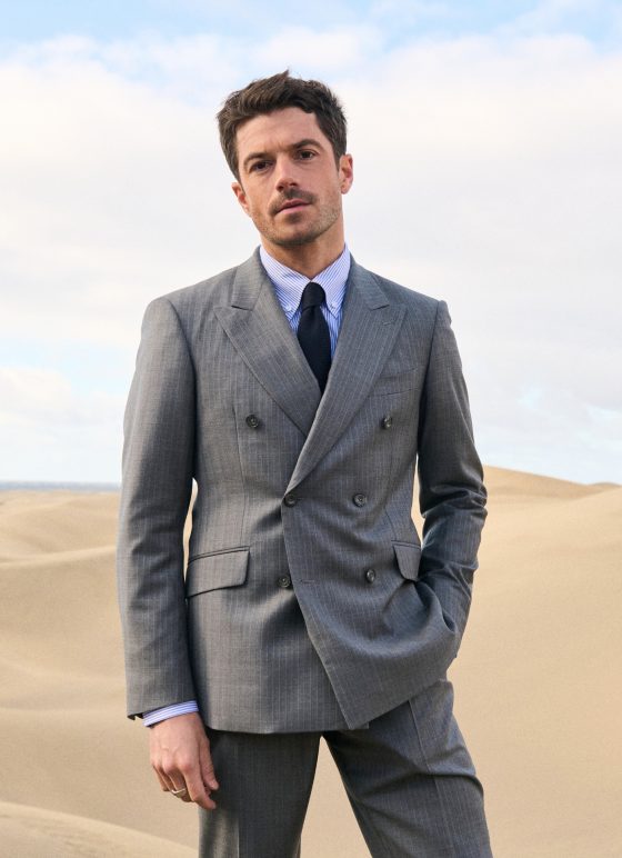 Costume croisé deux-pièces en tissu 100% laine mérinos gris rayé bleu - Collection Australis homme