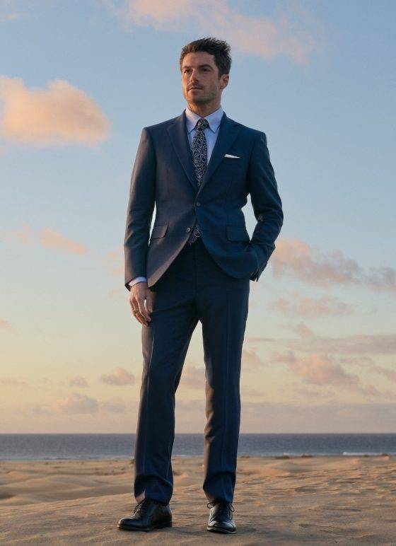 Costume deux-pièces bleu en tissu 100% laine mérinos Huddersfield - Collection Fresco (Business)