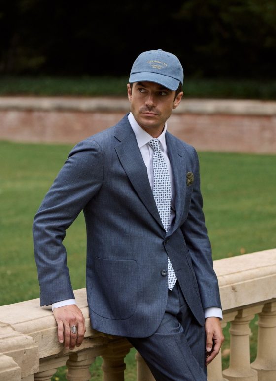 Costume deux-pièces bleu effet denim en tissus laine, lin et soie - Collection Summertime