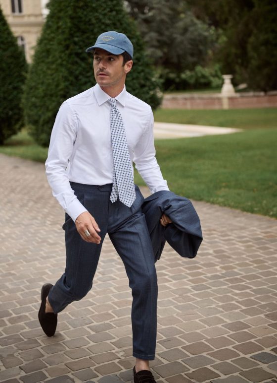 Pantalon bleu effet denim en tissus laine, lin et soie - Collection Summertime