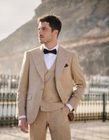 Costume trois-pièces beige en tissu laine, lin, soie - Paris sur mesure