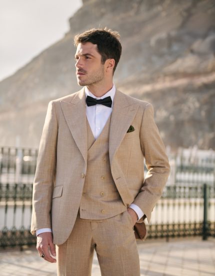 Costume trois-pièces beige en tissu laine, lin, soie - Paris sur mesure