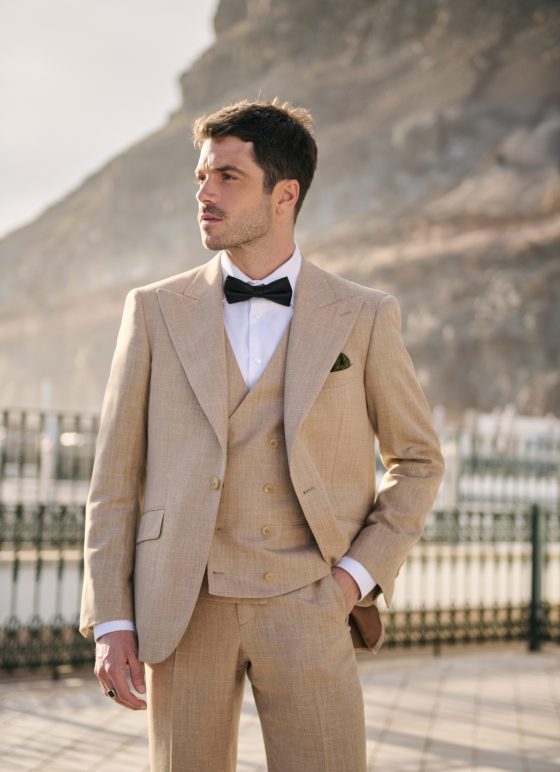 Costume trois-pièces beige en tissu laine, lin, soie - Paris sur mesure