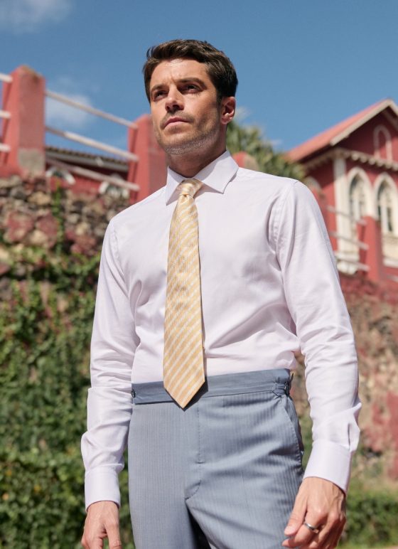 Costume trois-pièces bleu gris chevrons en tissu 100% laine mérinos - Collection Helios​