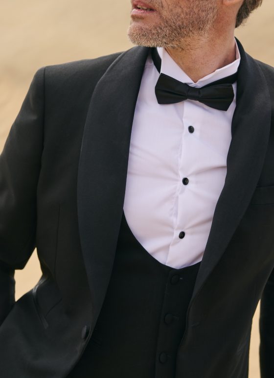 Smoking trois-pièces noir en tissu laine mohair et mérinos - Collection Uniti