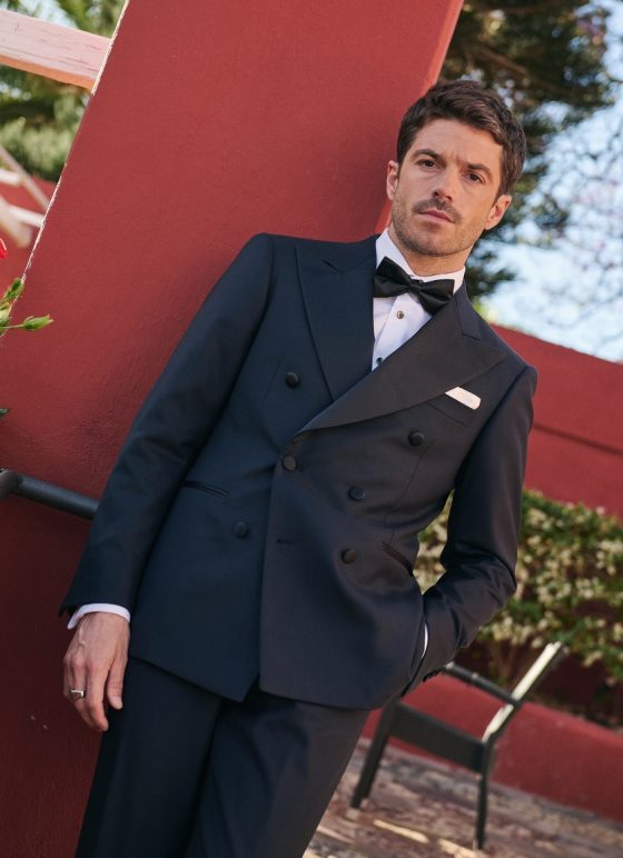 Smoking croisé satin bleu en tissu laine mérinos - Collection Timeless