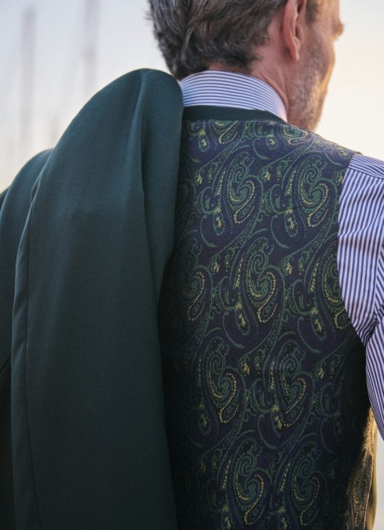 Costume trois-pièces gilet vert foncé en tissu 100% laine mérinos Collection Australis