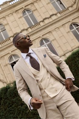 Costume trois-pièces beige en laine, lin et soie - Collection Summertime