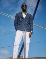 Veste croisée bleu chiné en tissu laine, lin, soie - Collection Summertime