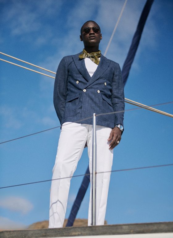 Veste croisée bleu chiné en tissu laine, lin, soie - Collection Summertime