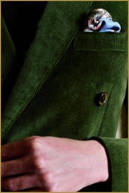 Costume sur mesure croisé velours côtelé vert en tissus Carnet, coton , quatre saisons