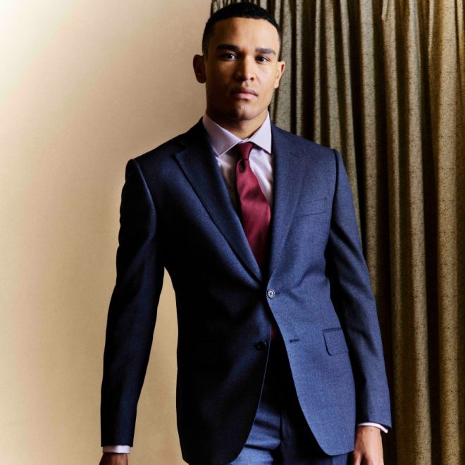 costume droit rayure tenis rouge mi saison business chic bleu