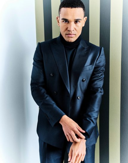 Costume croisé deux-pièces à pois bleu en tissu et 100% laine - Collection Amadeus