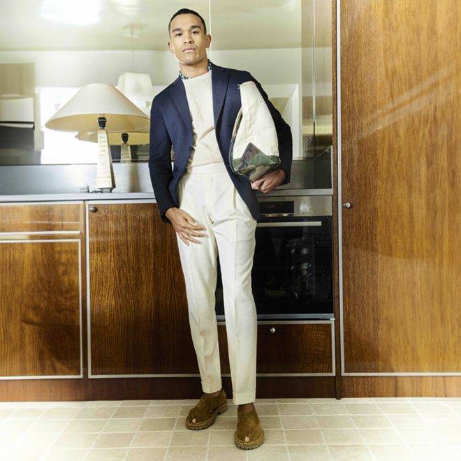 Veste sur mesure casual gaufrée bleu marine en tissu carnet Les nouveaux ateliers paris