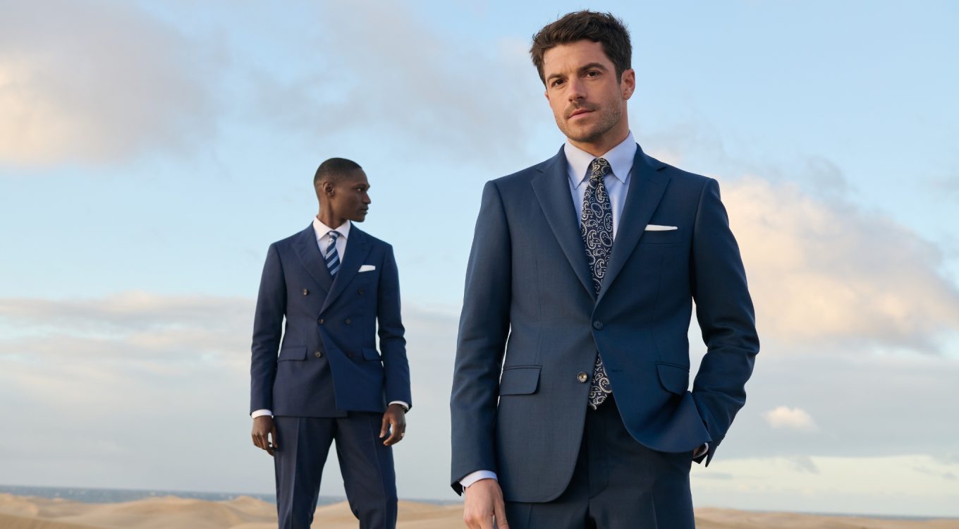 Costume deux-pièces bleu en tissu 100% laine mérinos Huddersfield sur mesure homme