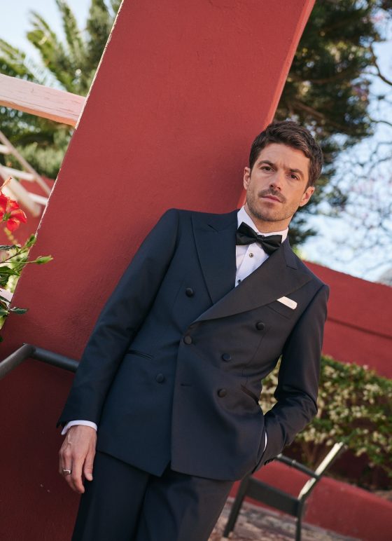 Smoking croisé satin bleu nuit en tissu 100 % laine mérinos - Collection Timeless II