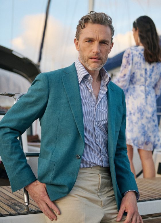 Veste bleue vert d'eau en tissu laine, lin, soie - Collection Mare