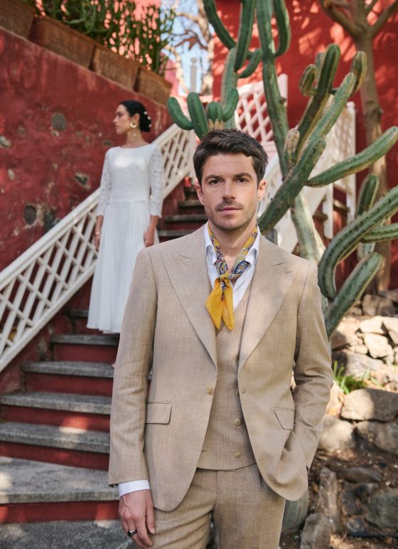 Costume trois-pièces sable doré en tissu laine, lin, soie - Collection Summertime​