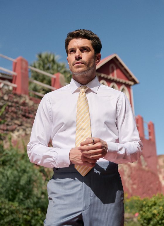 Costume trois-pièces bleu gris chevrons en tissu 100 % laine mérinos - Collection Helios​