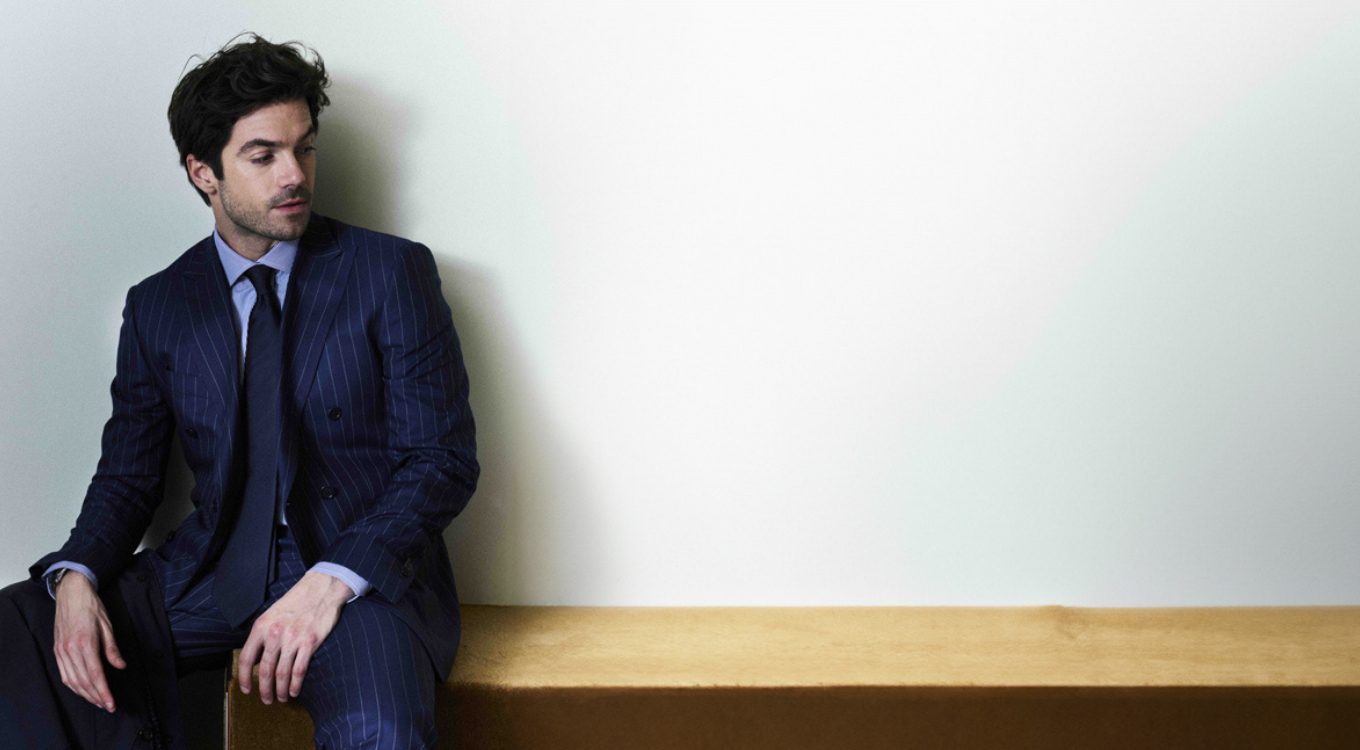 Costume deux-pièces croisé bleu à rayures tennis en tissu 100% laine - Collection Timeless II