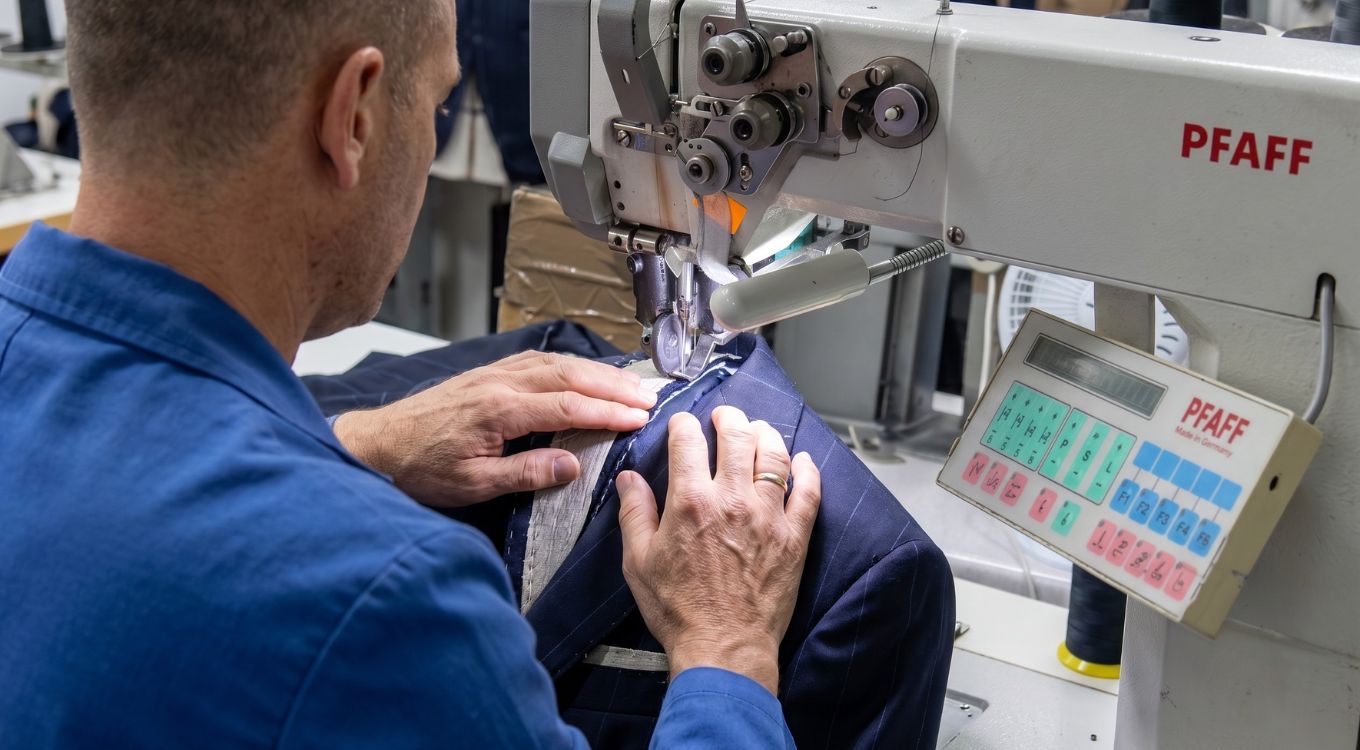 maître tailleur dans un atelier lumineux au Portugal (Vallée de l'Ave), confectionnant une veste sur mesure Les Nouveaux Ateliers.