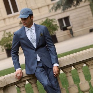 Costume deux-pièces bleu effet denim en laine, lin et soie - Collection Denim