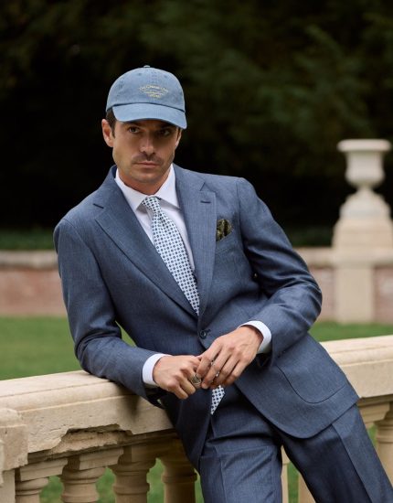 Costume deux-pièces bleu effet denim en tissus laine, lin et soie - Collection Summertime
