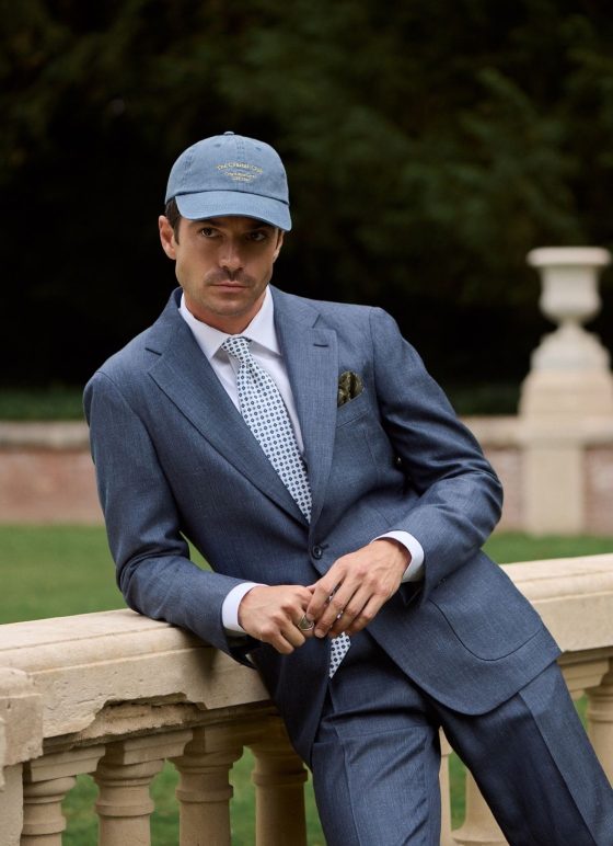Costume deux-pièces bleu effet denim en tissus laine, lin et soie - Collection Summertime
